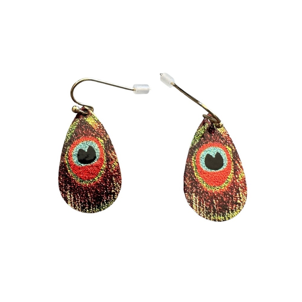 Mini Peacock Feather Style Metallic Drop Earrings